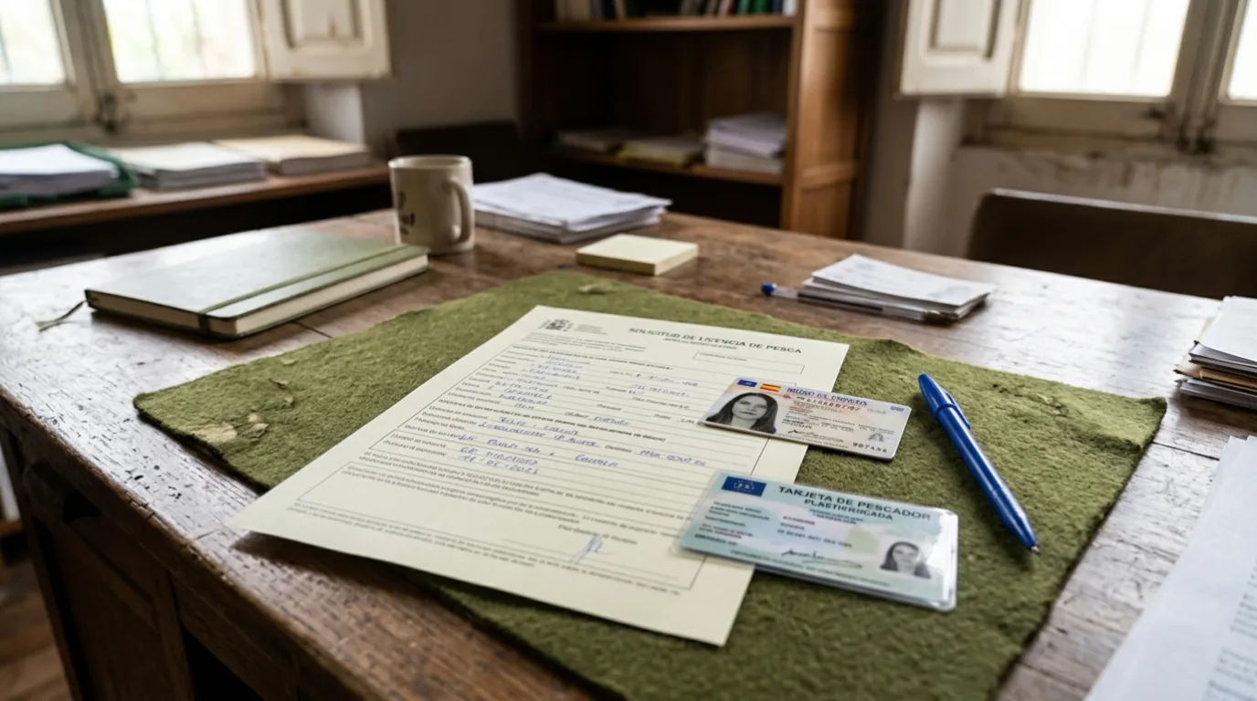 Formulario de licencia de pesca con DNI y tarjeta de pescador sobre mesa rústica — NIR Andalucía