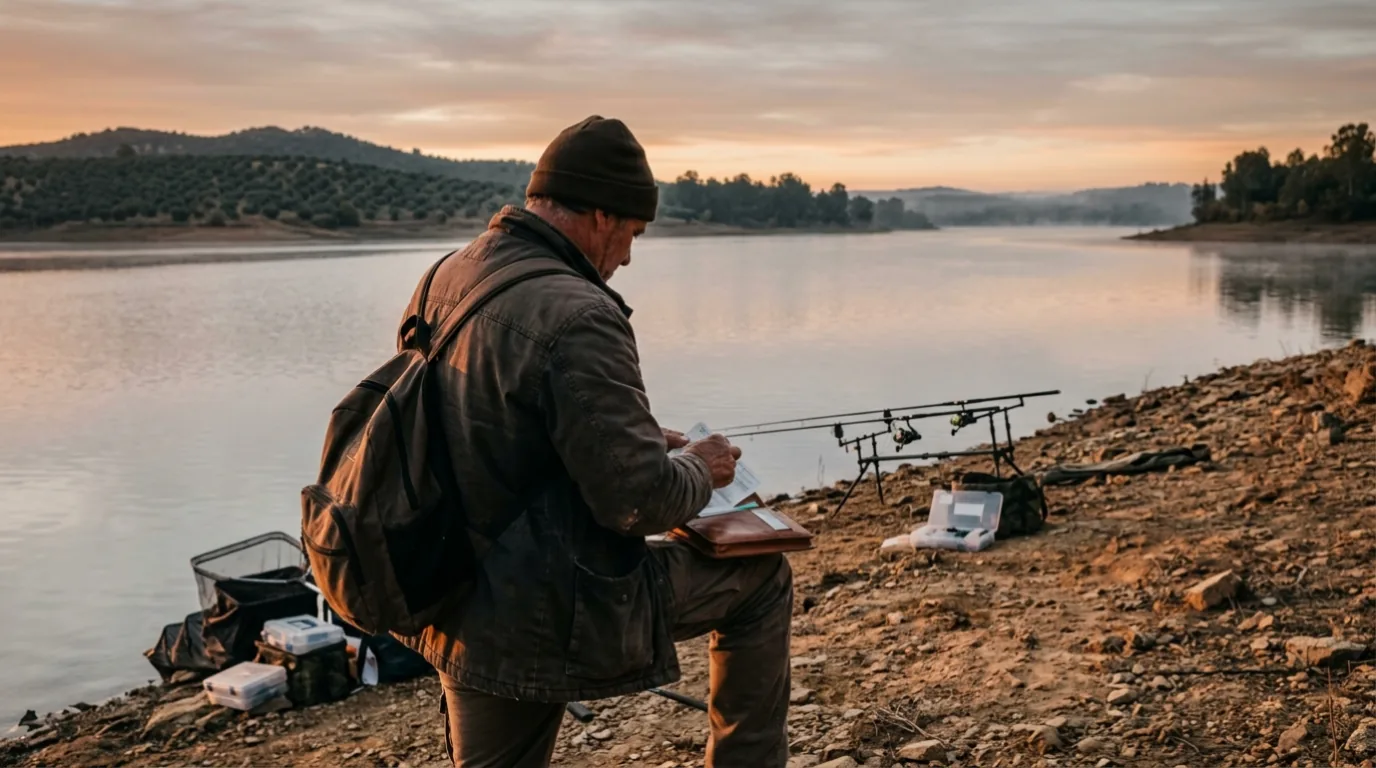 Pescador en embalse andaluz revisando su licencia de pesca con NIR al amanecer