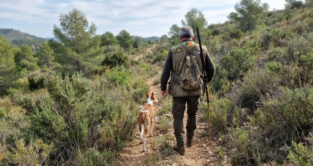 Cazador valenciano con su perro de muestra en un camino de secano en un día de caza menor