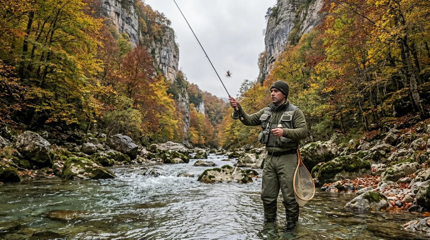 Pescador a mosca en un rio de los Picos de Europa pescando trucha comun