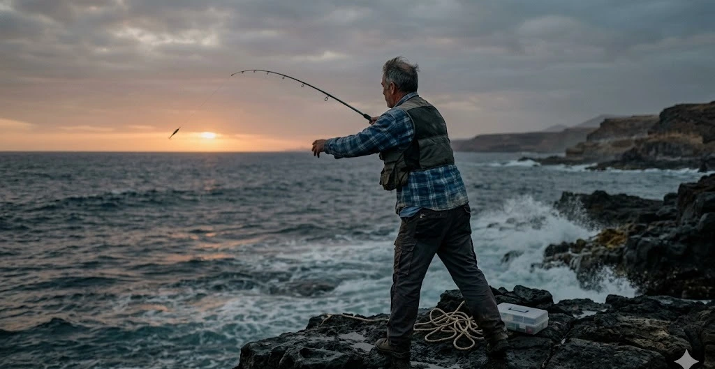 Pescador sobre roca volc&aacute;nica oscura al atardecer en el litoral canario, luz anaranjada sobre el Atl&aacute;ntico