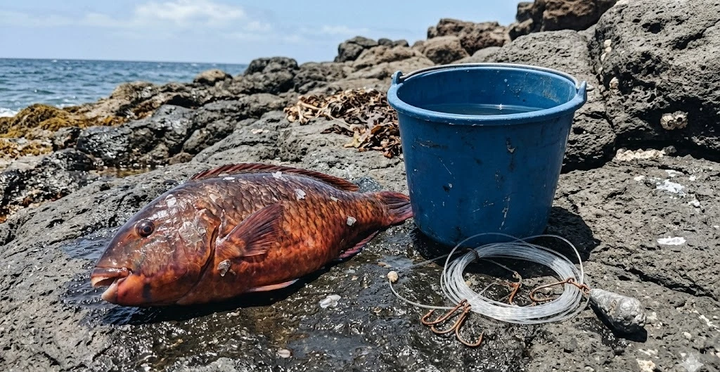 Vieja canaria reci&eacute;n capturada sobre roca h&uacute;meda, colores azulados y verdosos caracter&iacute;sticos de Sparisoma cretense