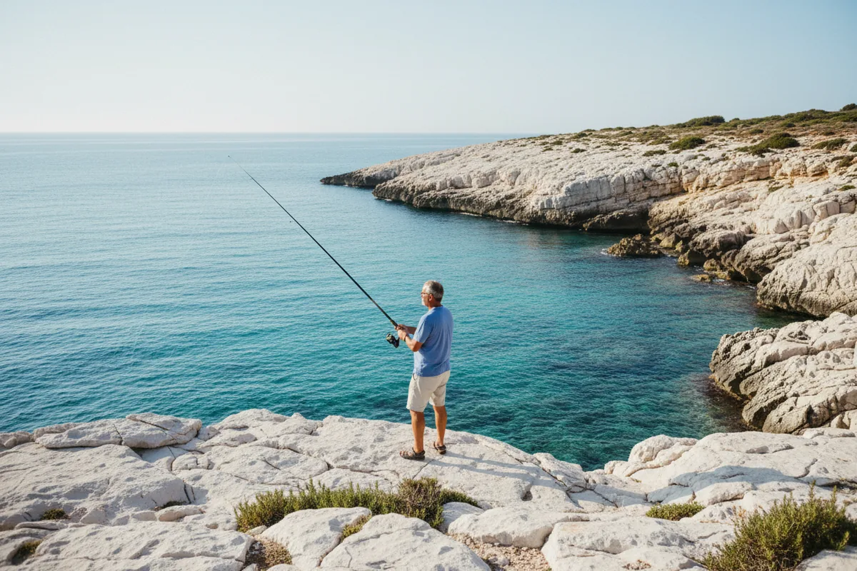 Pescador en surfcasting sobre acantilado calcizo del Cabo de la Nao, Alicante