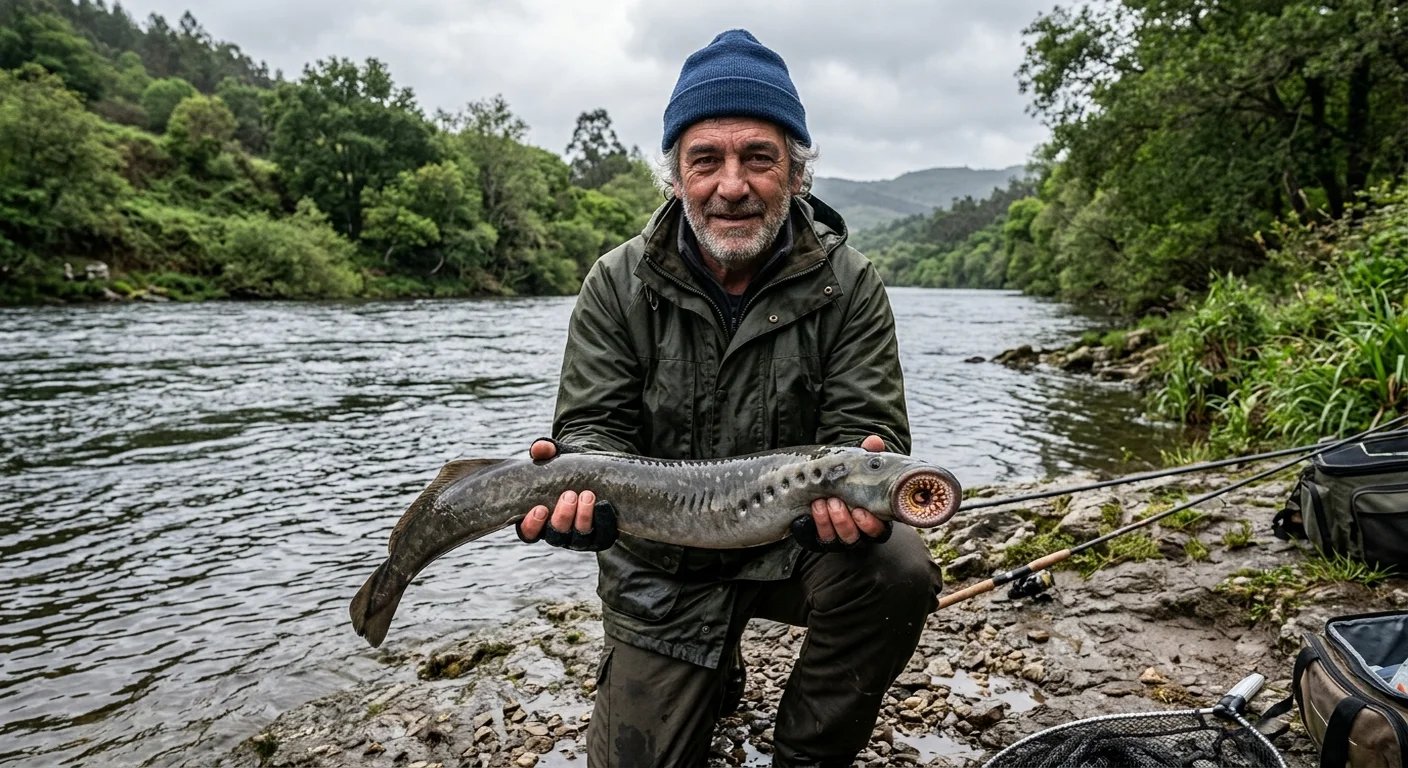Pescadores tradicionales con redes de lamprea en el Mi&ntilde;o a su paso por Arbo, Galicia