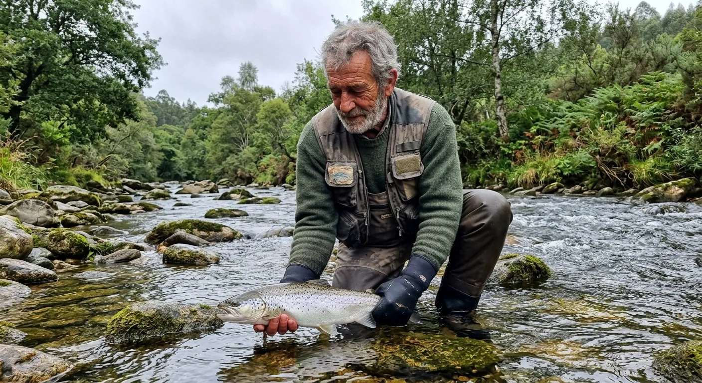Pescador a mosca en r&iacute;o gallego con reo capturado en mano