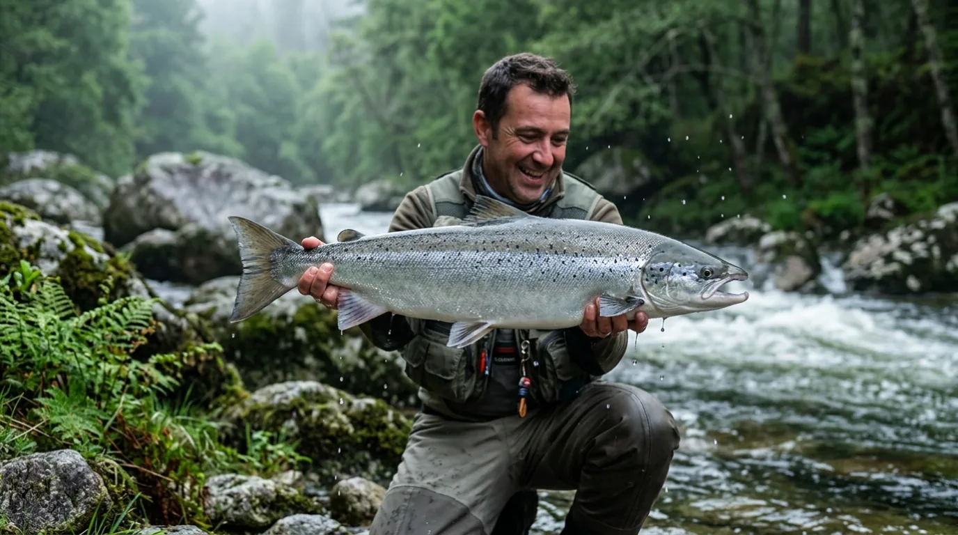 Pescador gallego sosteniendo un salmon atlantico capturado en el rio Ulla