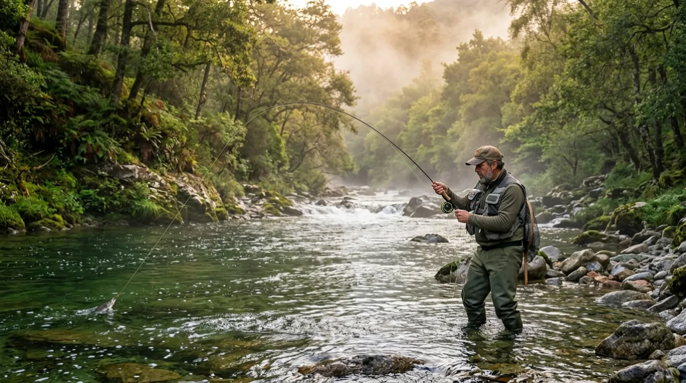 Amanecer en las R&iacute;as Baixas gallegas con barca de pesca tradicional