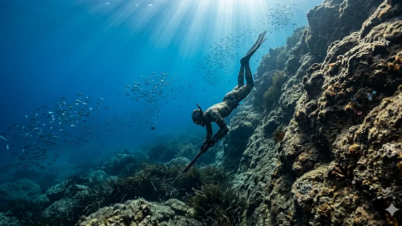 Buceador practicando pesca submarina en fondos rocosos del Mediterraneo espanol