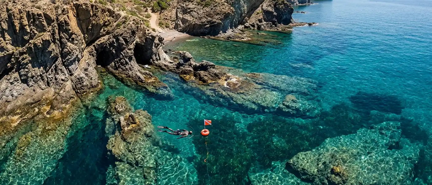 Costa mediterr&aacute;nea de Espa&ntilde;a vista a&eacute;rea con buceador pesca submarina