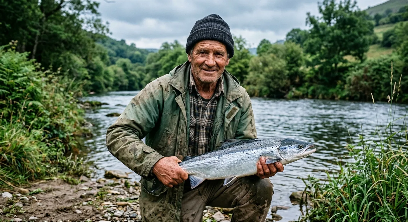 Pescador de salm&oacute;n en el r&iacute;o Pas en Cantabria al amanecer