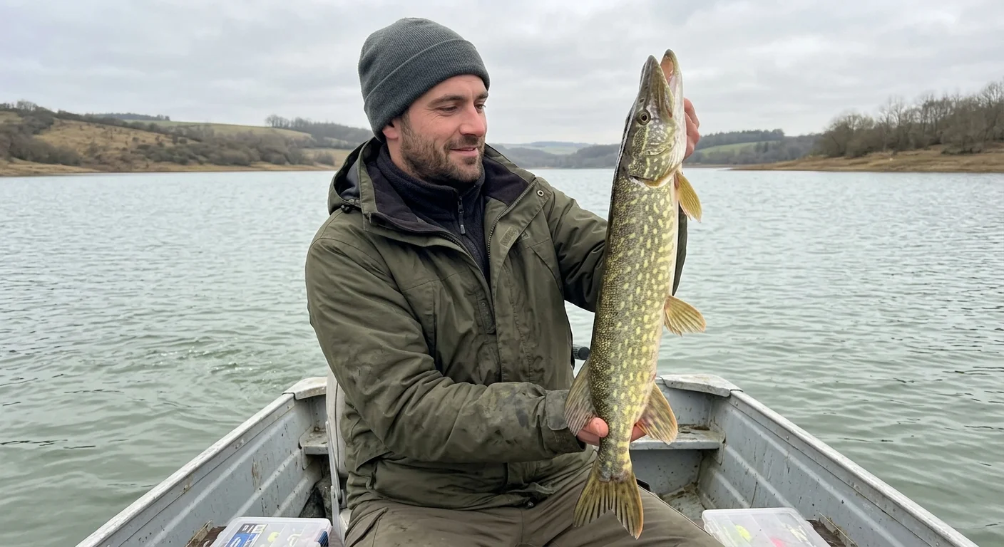 Pescador con lucio capturado en embalse del Ebro en Catalu&ntilde;a