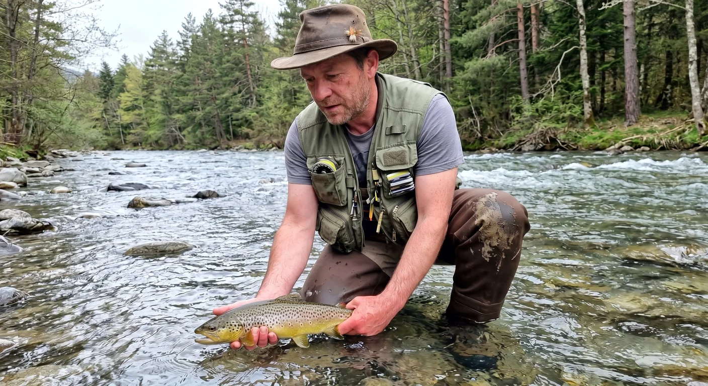 Pescador en el Noguera Pallaresa con trucha fario &mdash; pesca en Catalu&ntilde;a 2026