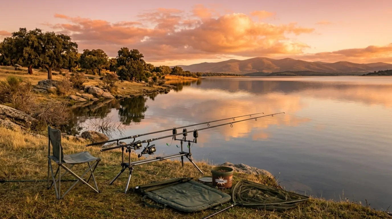 Pescador sosteniendo un black bass capturado desde una barca en el embalse de Cijara