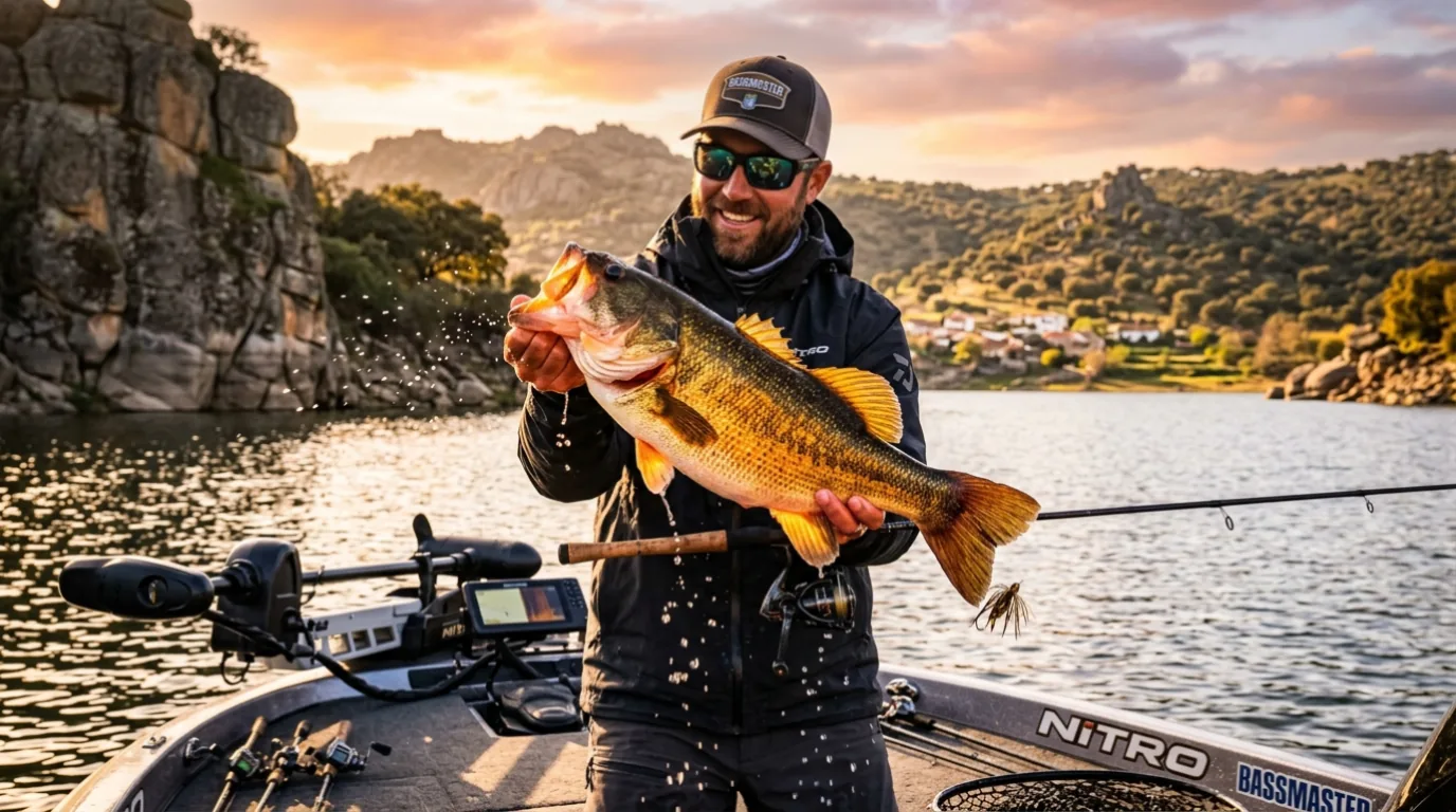 Pescador extremeno mostrando una carpa comun de gran talla capturada en embalse