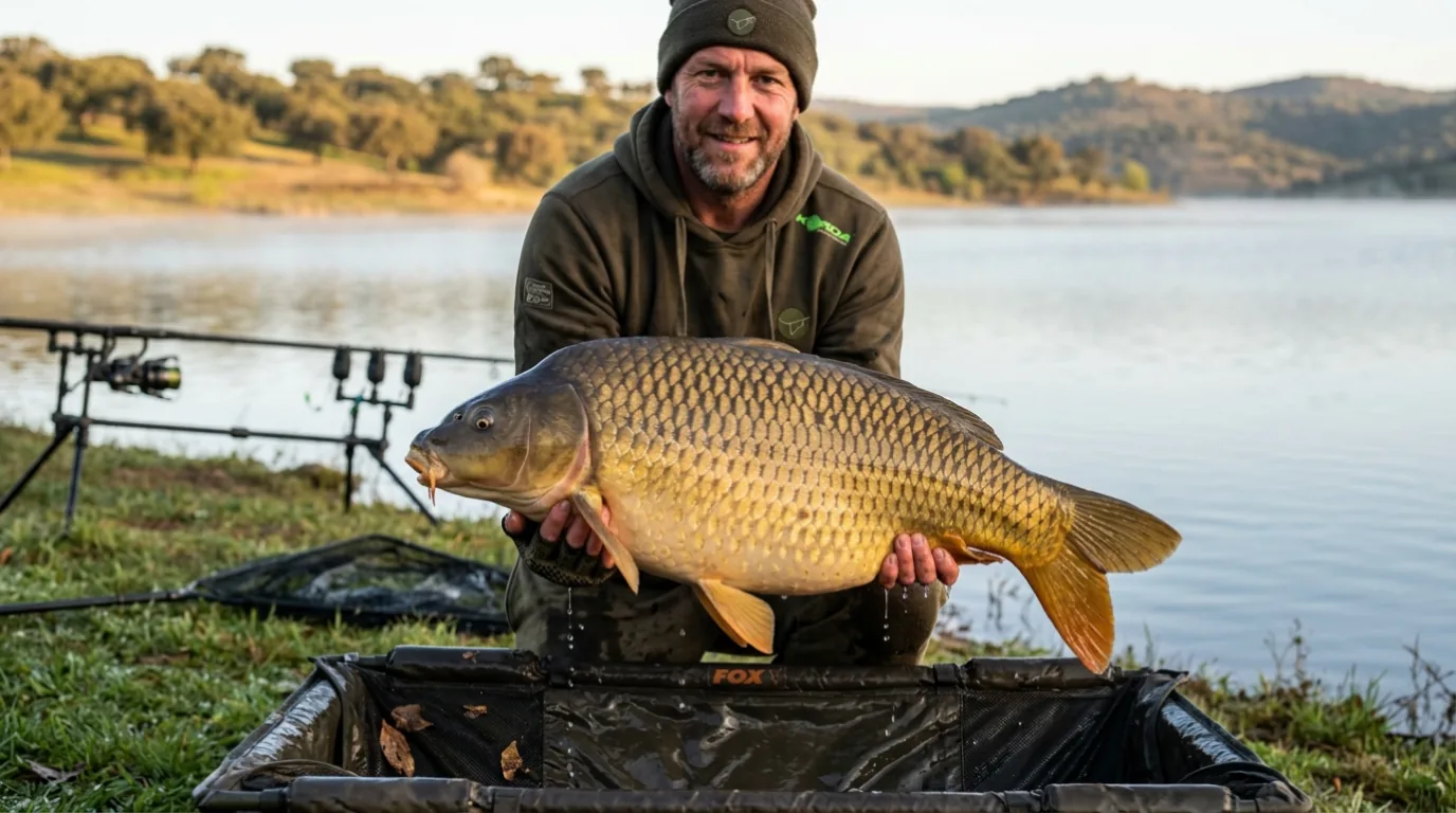 Embalse de Orellana al amanecer con equipo de carpfishing