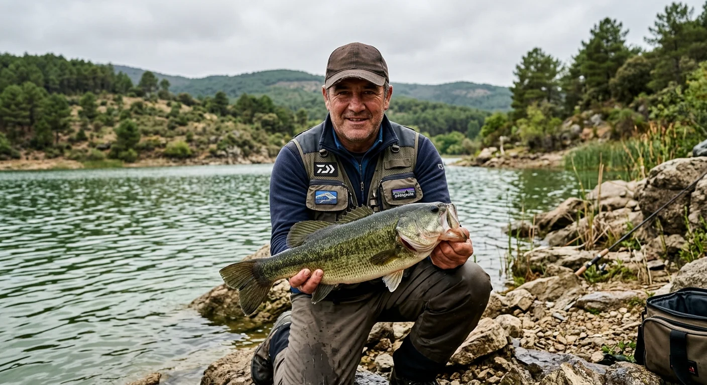 Pescador en orilla del embalse de San Juan con black bass capturado al amanecer
