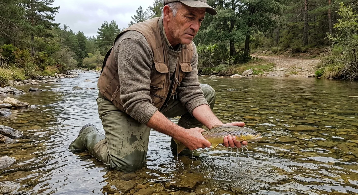 Pescador devolviendo trucha fario en coto sin muerte del Pirineo navarro