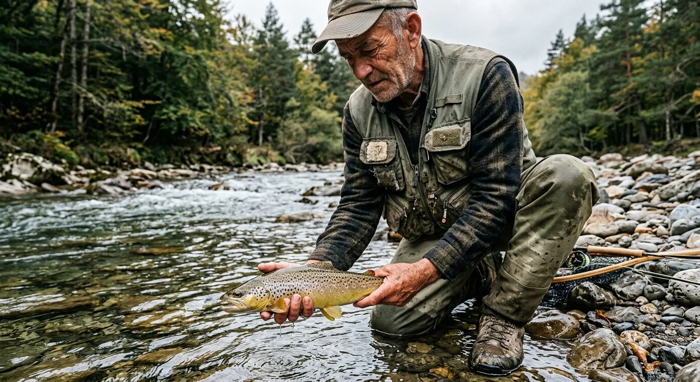 Pescador a mosca en el r&iacute;o Irati con trucha fario &mdash; Navarra Pirineo 2026