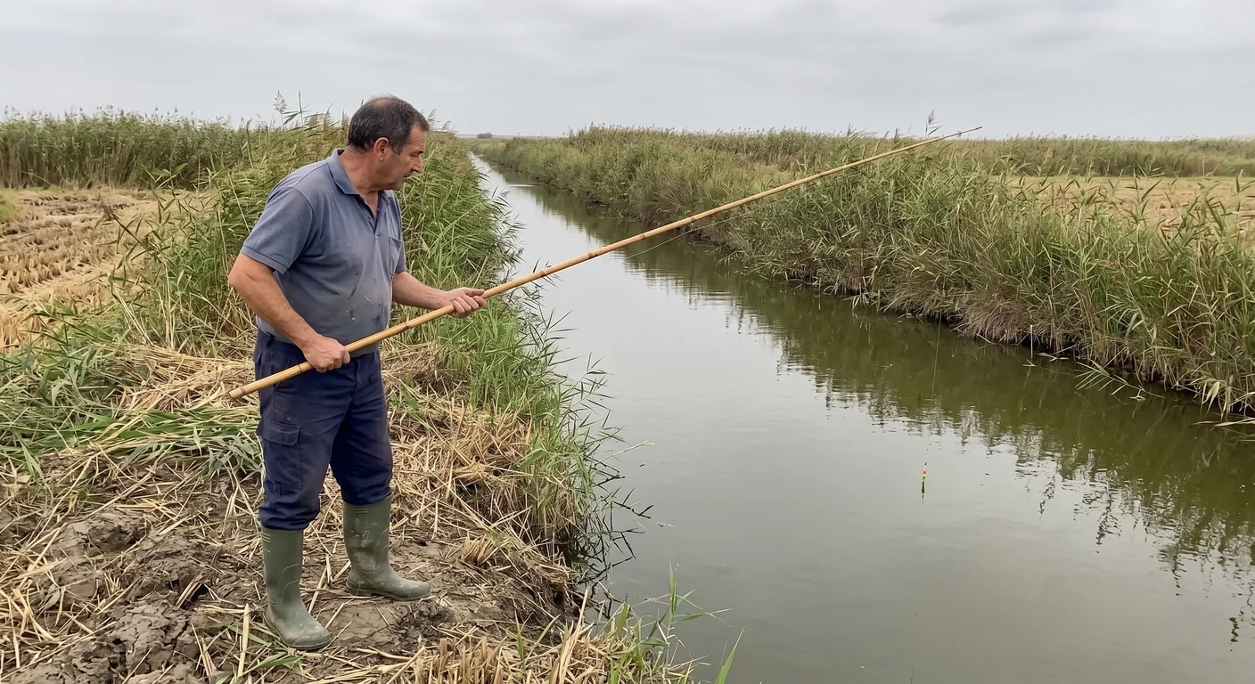 Pescador con ca&ntilde;a en canal de la Albufera de Valencia entre ca&ntilde;as y arrozales