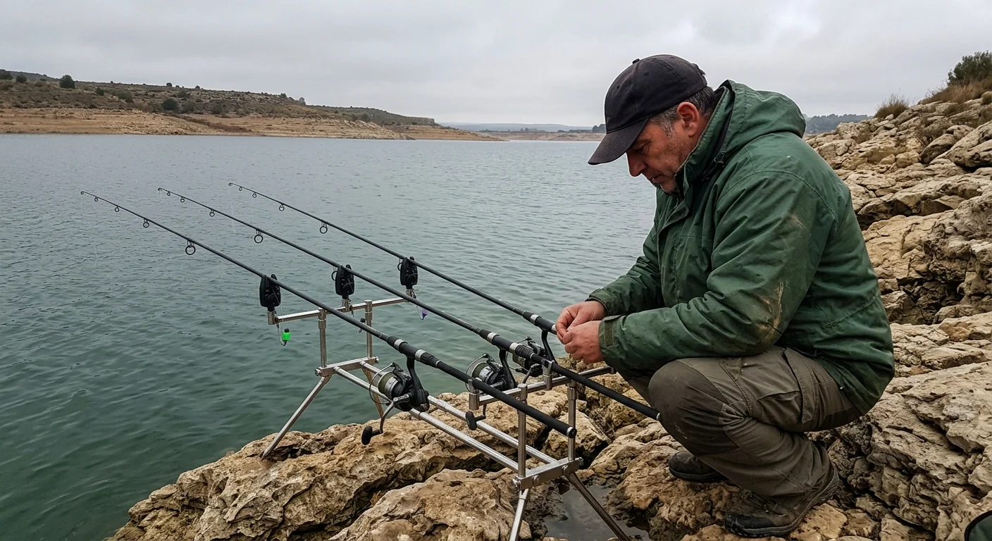 Pescador de carpfishing en orilla del embalse de Contreras con ca&ntilde;as puestas al amanecer