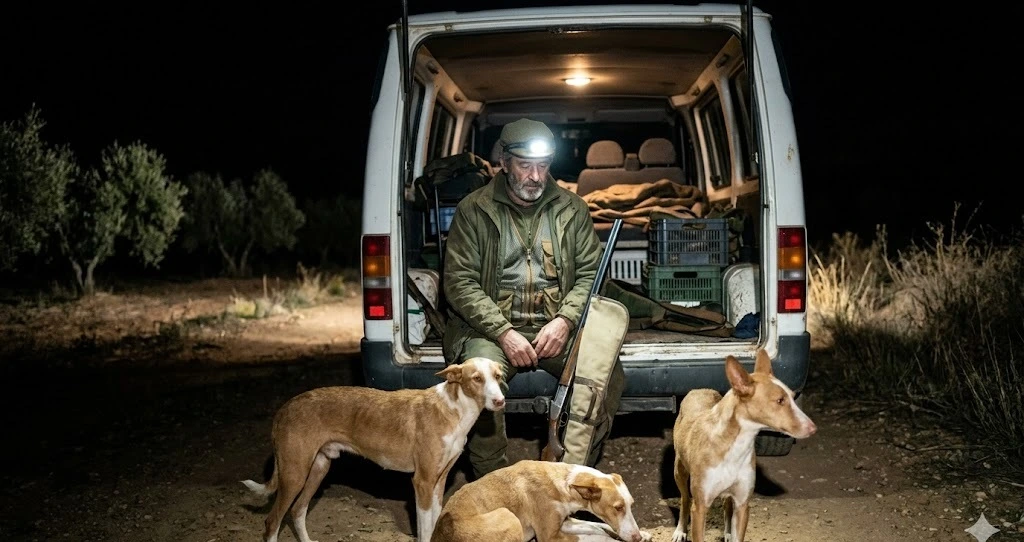 Podenco andaluz en caza de conejo en monte bajo del sur de Espa&ntilde;a