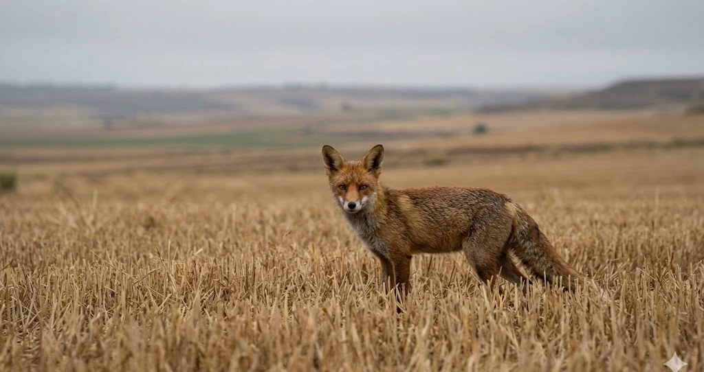 Zorro en campo de cereal al amanecer, entorno agrícola español