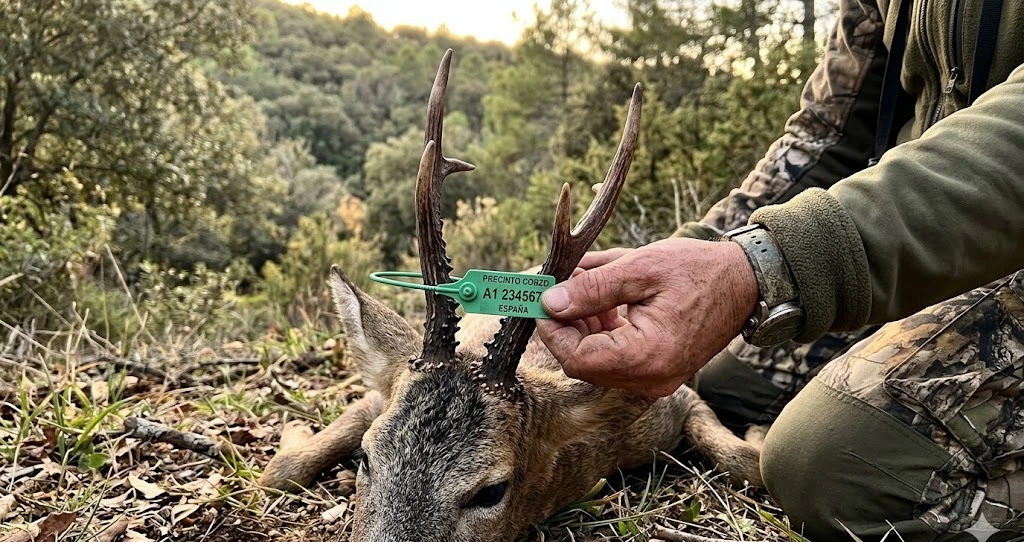 Snapshot de smartphone: parte de caza de corzo rellenado sobre el capó del vehículo en el campo