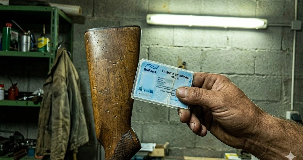 Licencia de armas tipo D junto a escopeta de caza en garaje rural