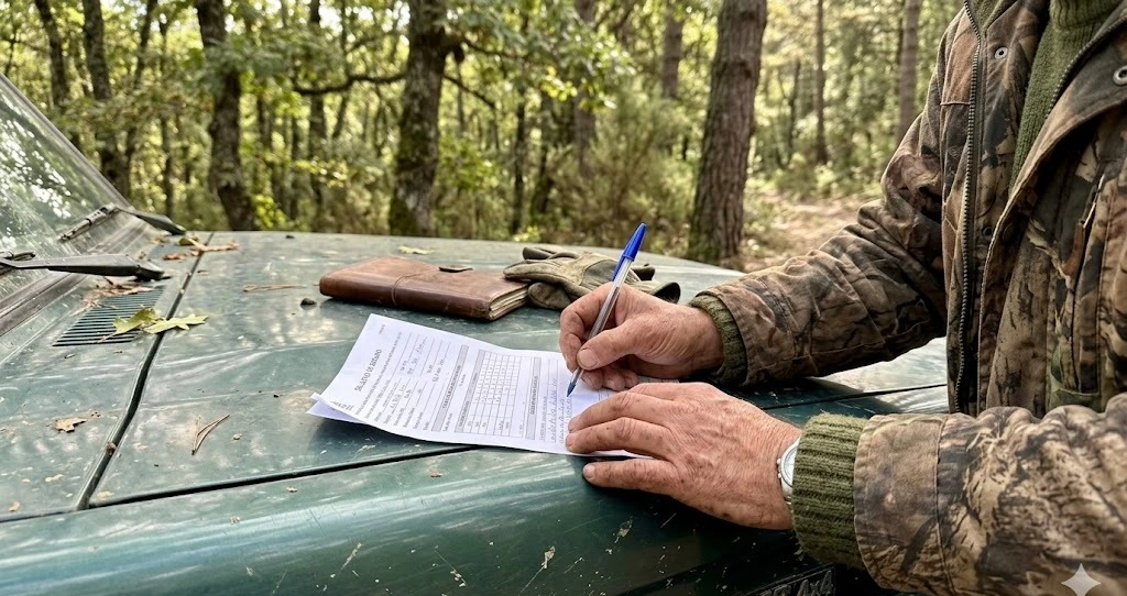 Cazador revisando documentación en el maletero del coche antes de entrar al coto, licencias y seguro