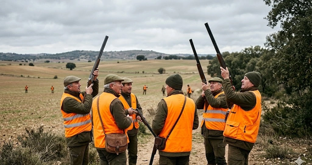 Grupo de cazadores preparando un ojeo en campo abierto, escopetas en posición segura