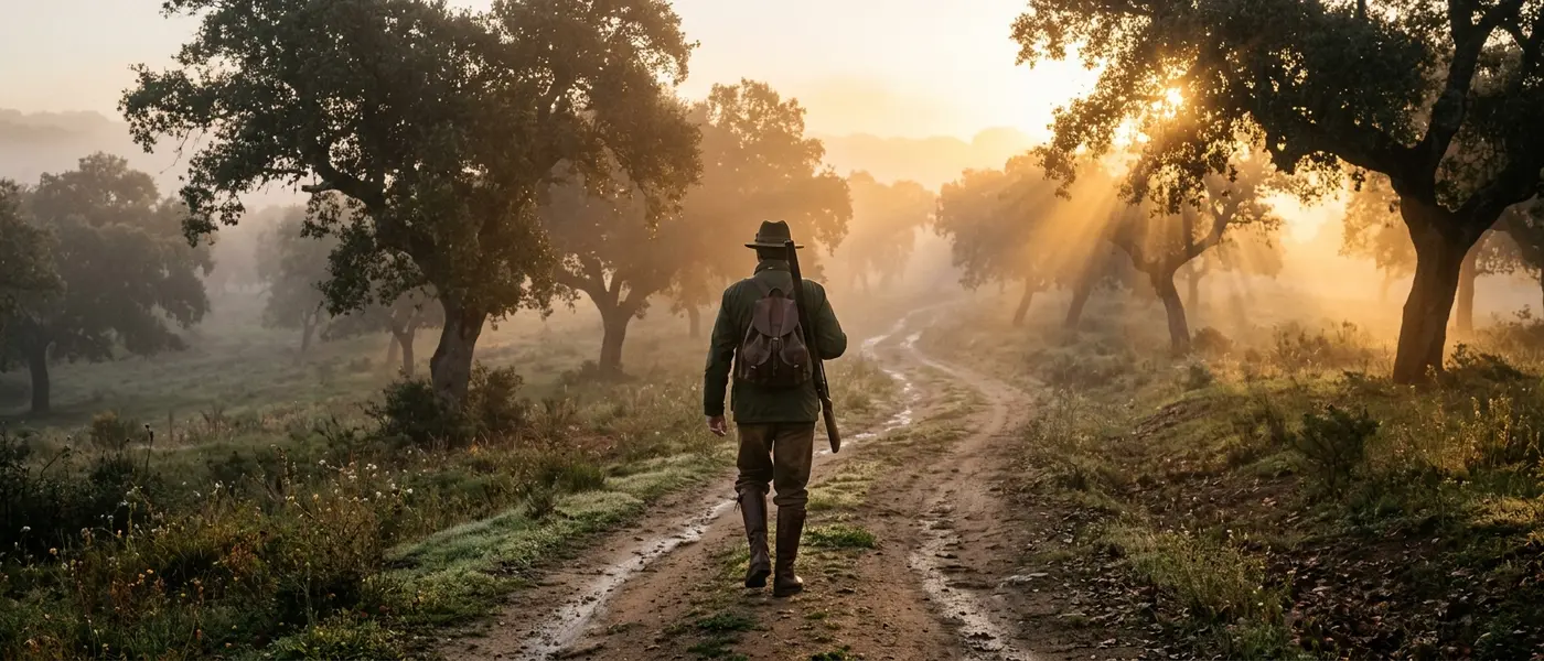 Cazador caminando por una dehesa con niebla al amanecer temporada de caza 2025-2026