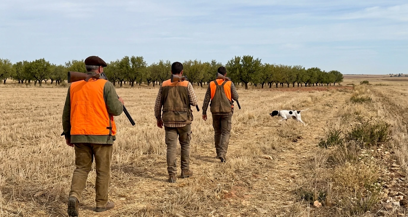 Tres cazadores y un pointer recorriendo un rastrojo manchego el d&iacute;a de la apertura de la caza menor 2026-2027