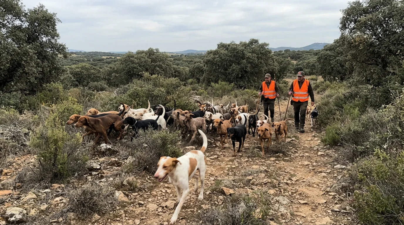 Rehala de perros cruzando un encinar al inicio de una monter&iacute;a de la temporada 2026-2027