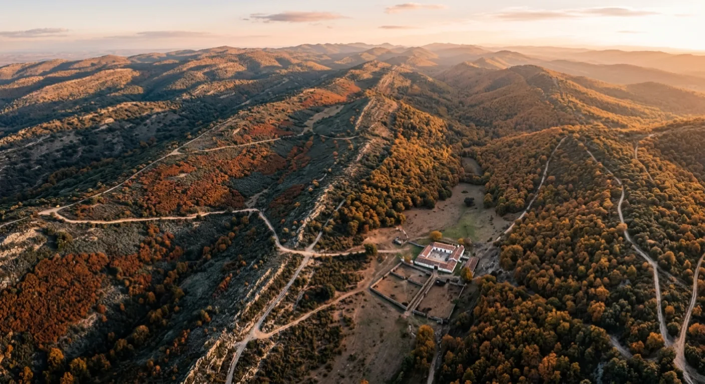 Panorámica de los Montes de Toledo al amanecer, terreno de caza mayor en Castilla-La Mancha con encinas y jaras
