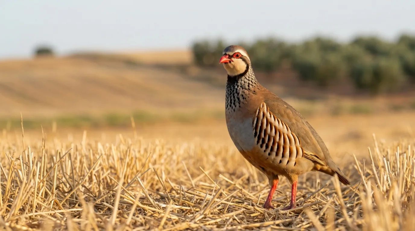 Perdiz roja en campo de cereal manchego al amanecer, caza menor en Castilla-La Mancha