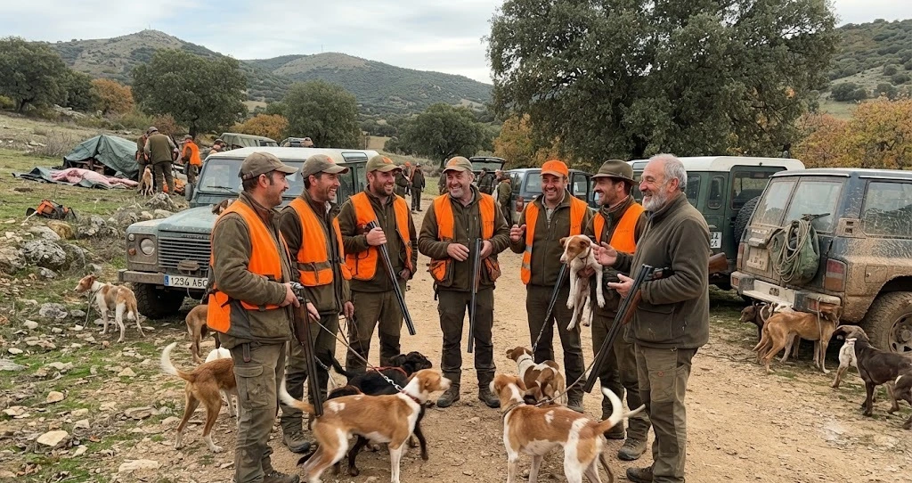 Grupo de cazadores rurales con chalecos naranjas de seguridad posando en una loma junto a las piezas cobradas tras una montería