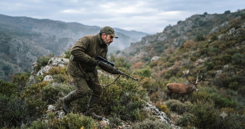 Recechador de pie en una loma de sierra con prismáticos y rifle al hombro oteando la ladera al amanecer