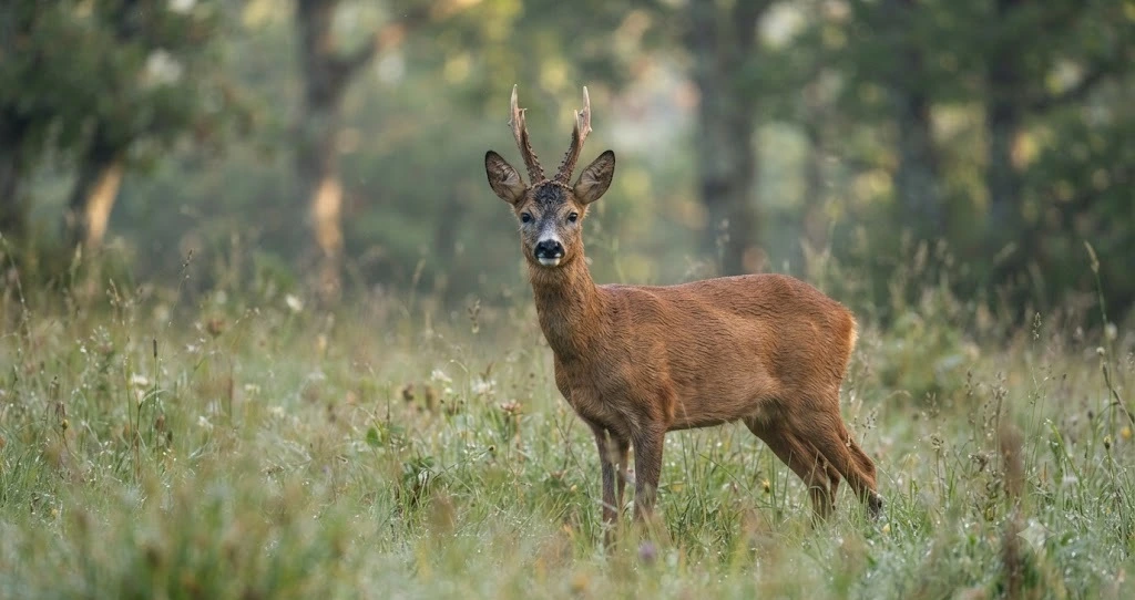 Corzo macho adulto pastando en un prado verde al amanecer, con la cuerna limpia de terciopelo