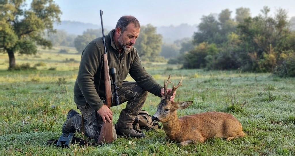 Recechador rural sosteniendo la cuerna de un corzo macho tras un rececho, de pie en el campo