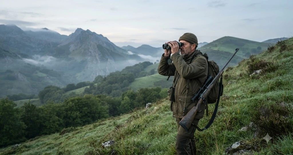 Recechador al amanecer oteando un valle con rifle, temporada de corzo 2026-2027