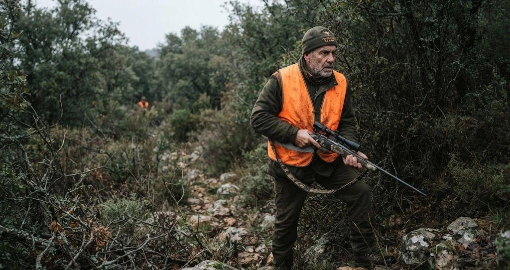 Cazador con chaleco naranja de seguridad y perro en una batida de jabal&iacute; en el monte