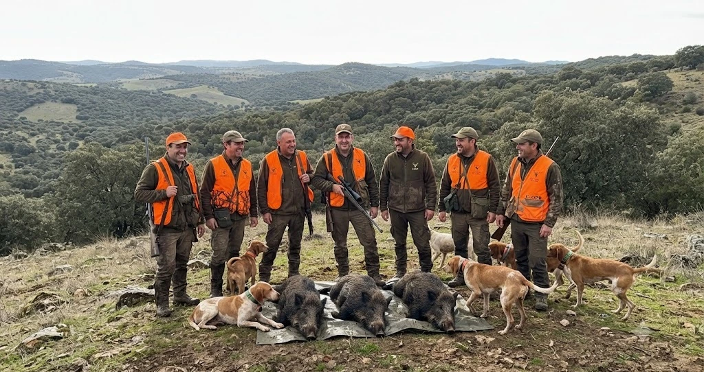 Cuadrilla de cazadores con varios jabalíes abatidos en la loma tras una montería, chalecos naranjas de seguridad
