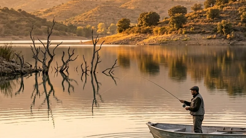 Pescador en barca en un embalse espanol durante la temporada de pesca 2026