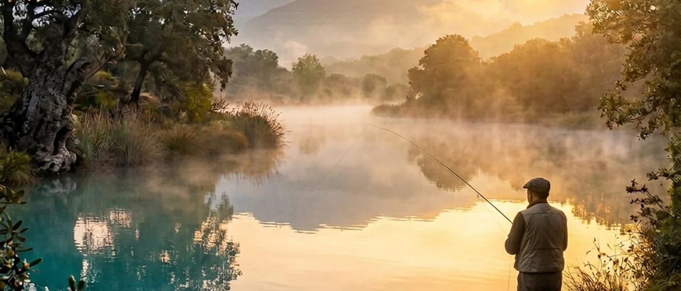 Pescador en r&iacute;o al amanecer temporada pesca 2026