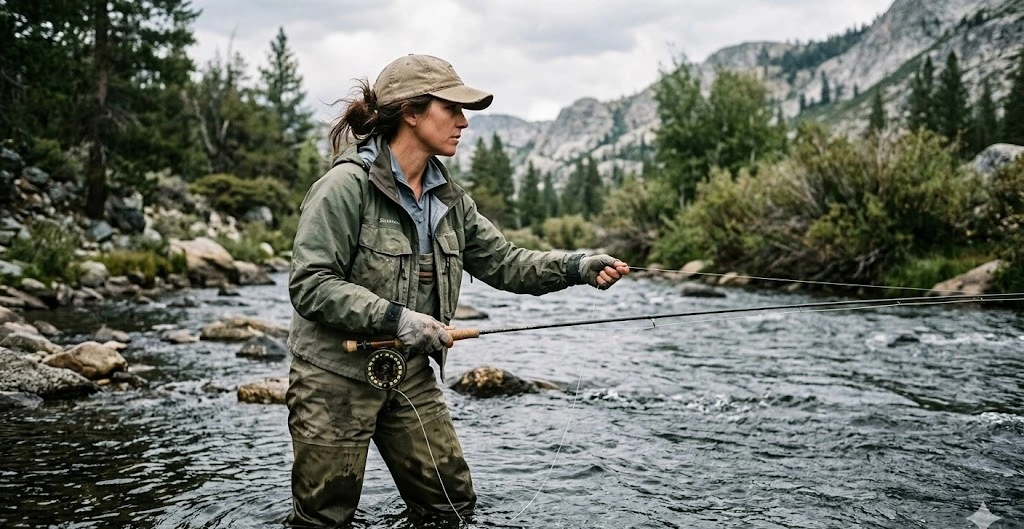 Mujer pescando a mosca de perfil vadeando un r&iacute;o truchero de Sierra Nevada, Andaluc&iacute;a