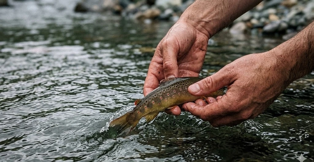 Manos soltando una trucha com&uacute;n peque&ntilde;a en la superficie del agua, captura y suelta en Andaluc&iacute;a