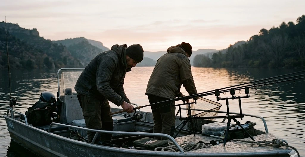 Dos amigos montando ca&ntilde;as de carpfishing en una barca al amanecer en Ribarroja, Arag&oacute;n