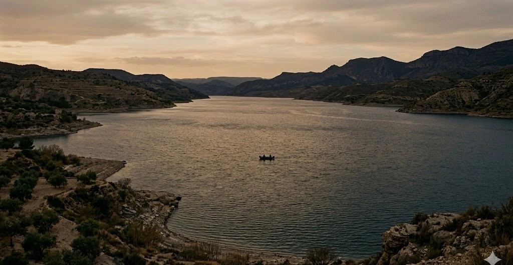 Embalse de Mequinenza al atardecer, Mar de Arag&oacute;n, temporada de pesca de Arag&oacute;n 2026