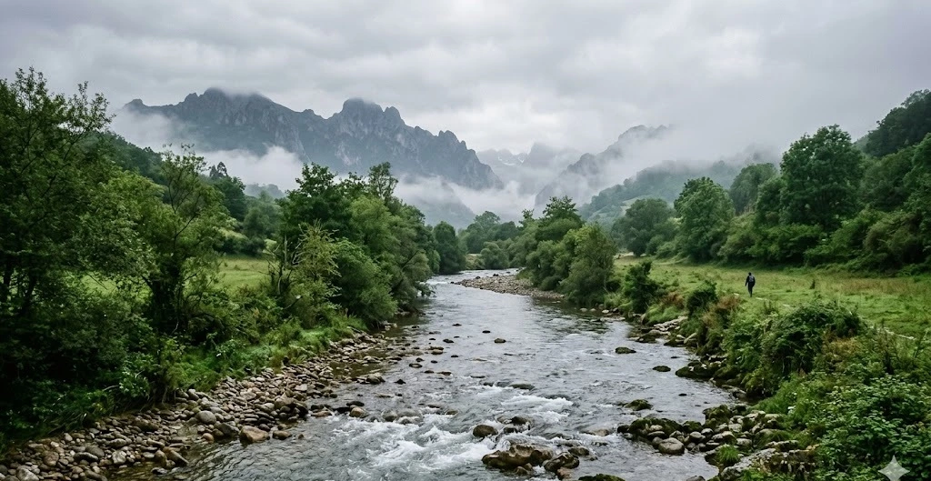 R&iacute;o Sella en Cangas de On&iacute;s entre niebla, temporada de pesca de Asturias 2026