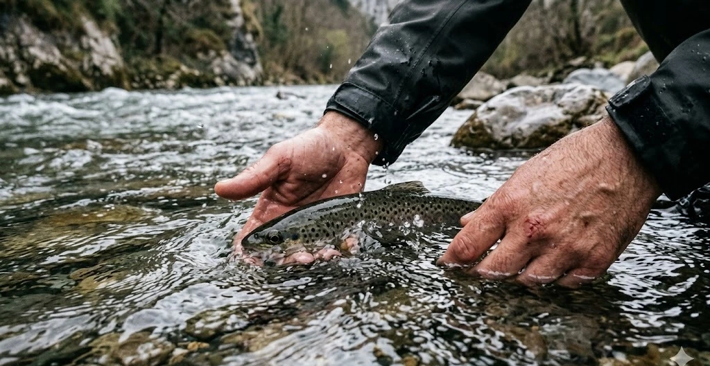 Manos mojadas soltando un reo de vuelta al r&iacute;o Cares en captura y suelta, el pez bajo y semisumergido, d&iacute;a nublado, Asturias